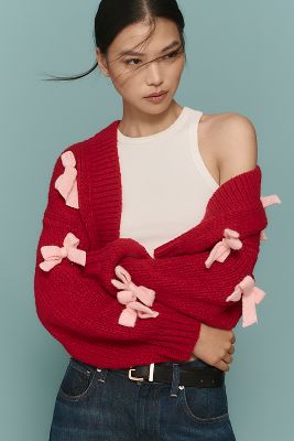 Maeve 3d Bow Cropped Cardigan Sweater In Pink