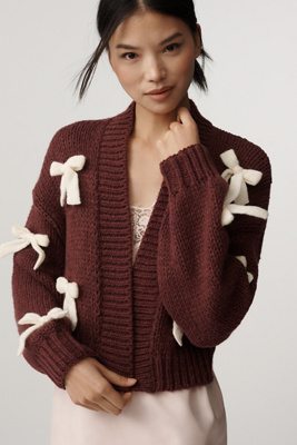 Maeve The Alicia 3d Bow Crop Cardigan Sweater By  In Burgundy