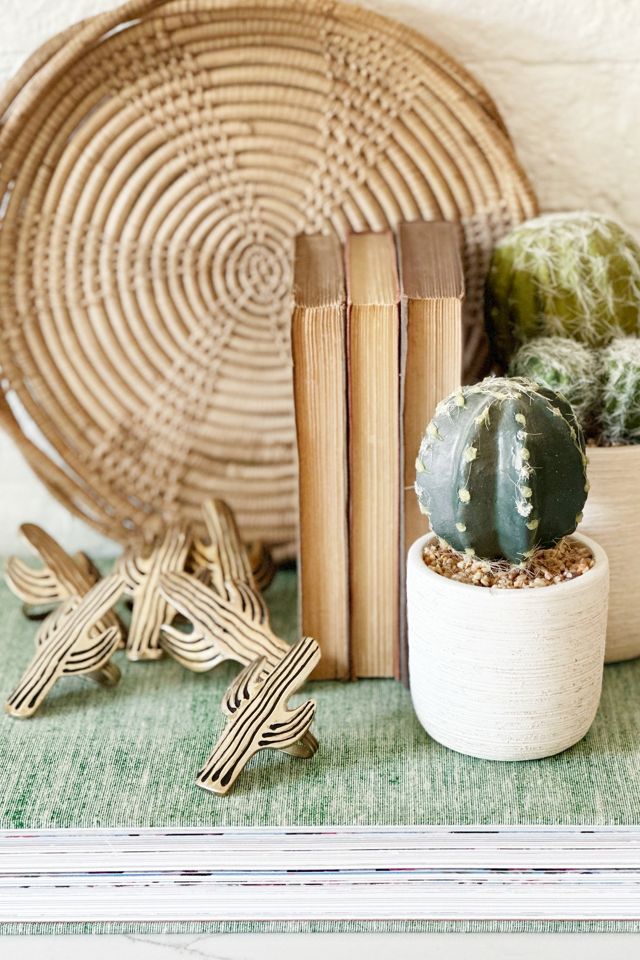 Old Flame Candle Co. Vintage Brass Cactus Napkin Rings #1