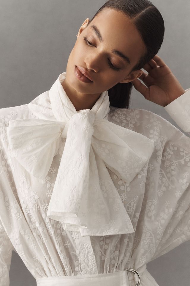 Norma Kamali Long-Sleeve Oversized Bow-Neck Mini Shirt Dress #3