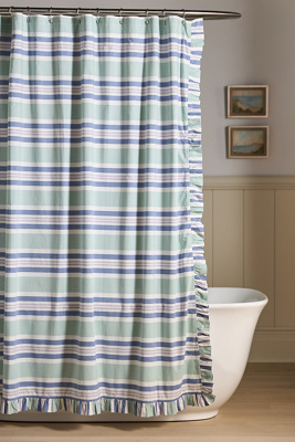 Anthropologie Mele Cotton Striped Ruffled Shower Curtain In Blue