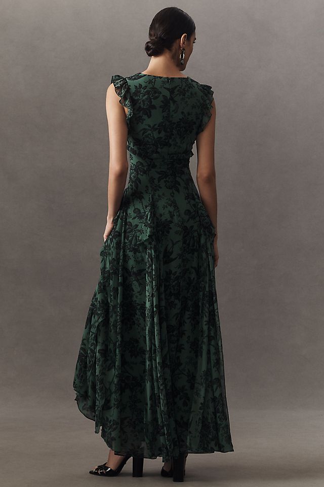 bhldn asha flutter sleeve v neck chiffon maxi dress Sleeveless V-Neck Pleated true to size Color BHLDN Eva Flutter-Sleeve Plunge V-Neck