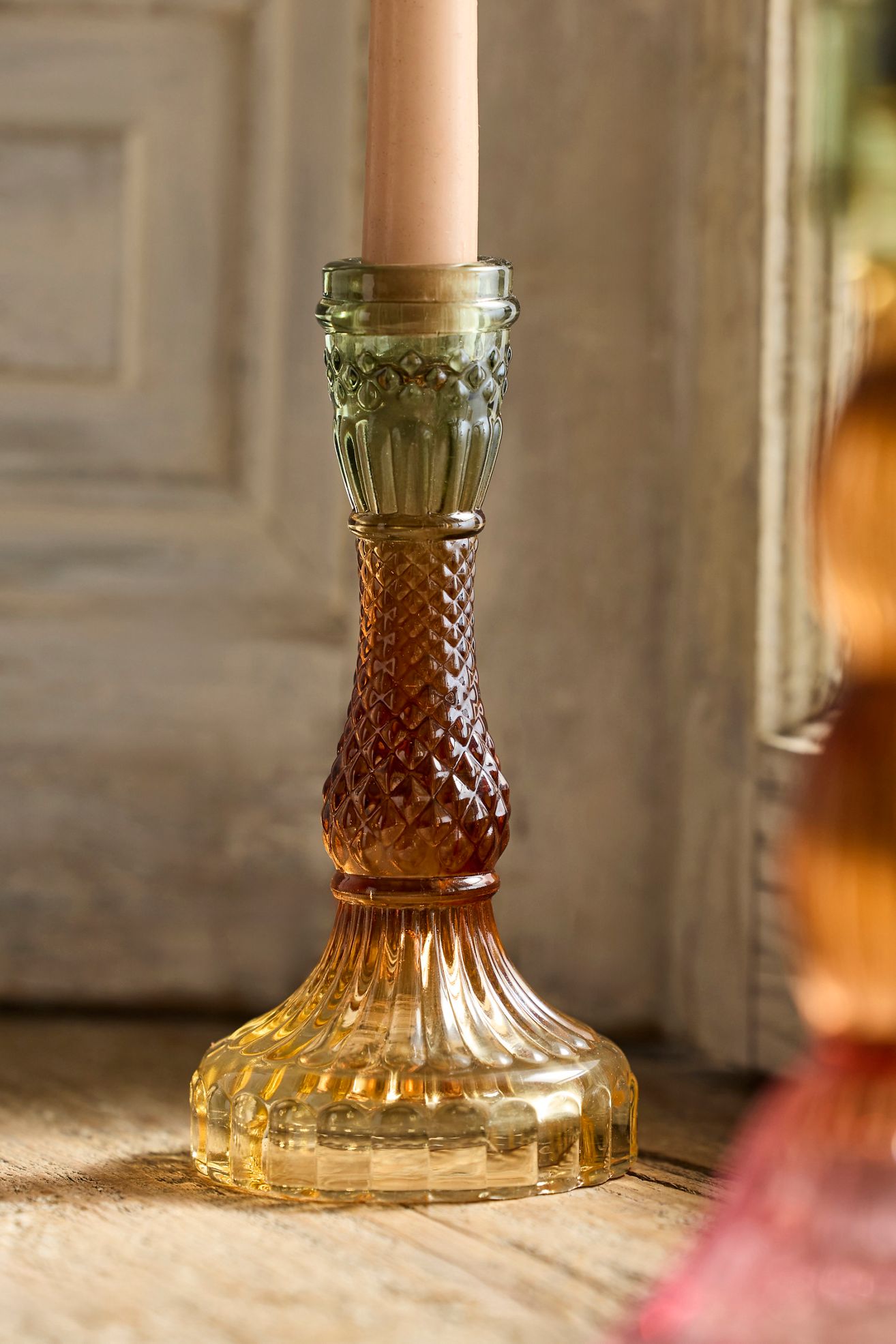 Ombre Pressed Glass Taper Holder, Small - Yellow Pattern, S