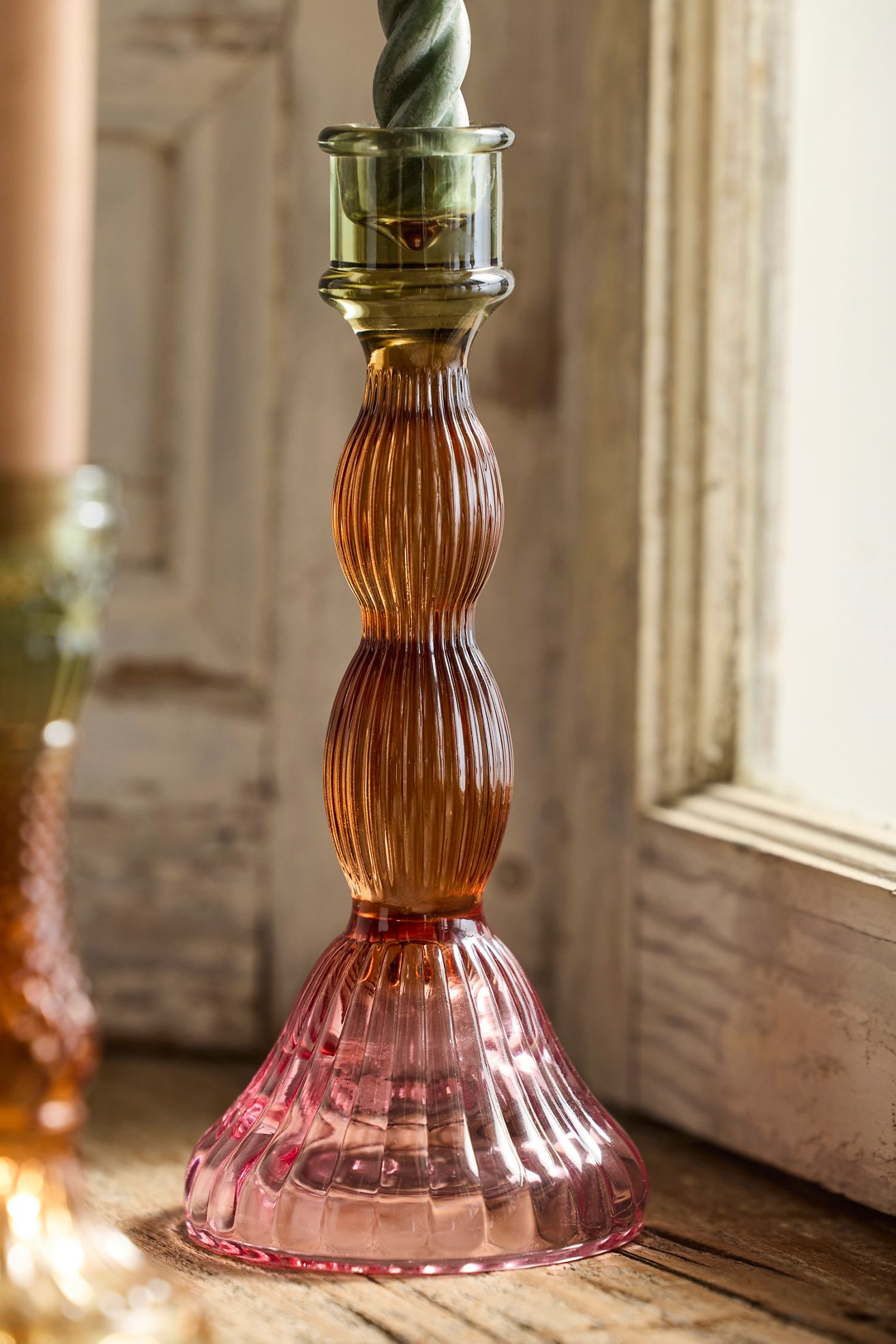Ombre Pressed Glass Taper Holder, Medium - Pink, M