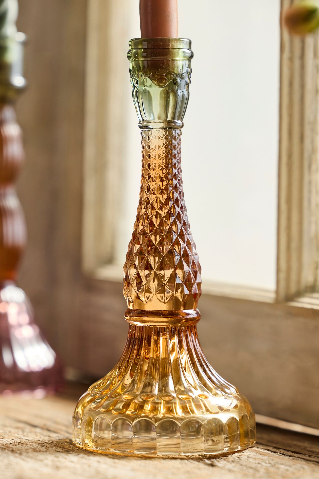 Ombre Pressed Glass Taper Holder, Medium - Yellow Pattern, M