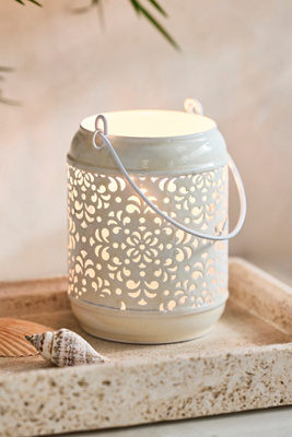 Anthropologie Mosaic Cut Out Enamel Lantern In White