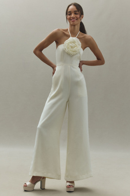 Floral Appliqué Crepe Halter Jumpsuit