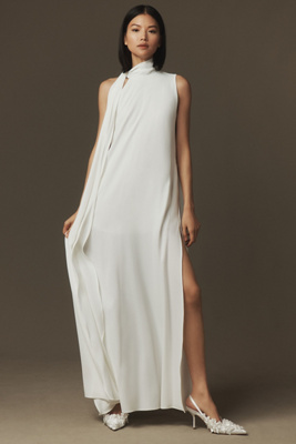 Black Halo Henna Halter Crepe Satin Maxi Dress In White