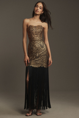 Shop Helsi Naomi Strapless Metallic Fringe Midi Dress In Gold