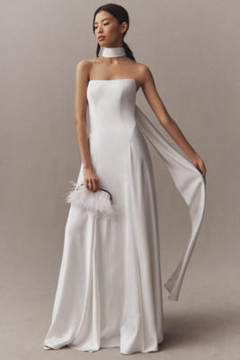 Jenny Yoo Jenny By  Addilyn Strapless Neck-scarf Drop-waist Satin Wedding Gown In White