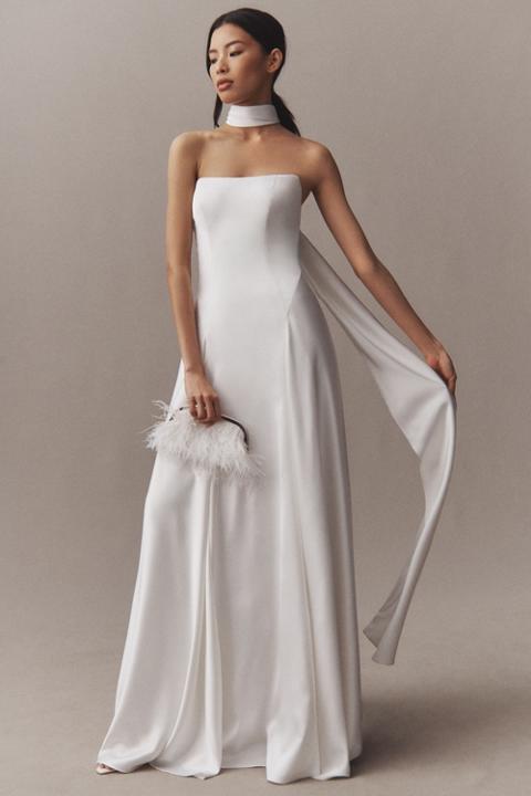 Jenny by Jenny Yoo Addilyn Strapless Neck-Scarf Drop-Waist Satin Wedding Gown