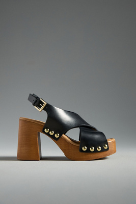 By Anthropologie Studded Wood-bottom Platform Sandals In Black