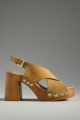 By Anthropologie Studded Wood-bottom Platform Sandals In Brown