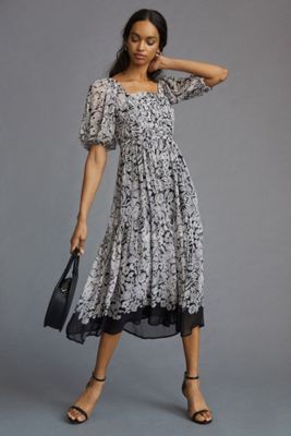 Squareneck Smocked Midi Dress