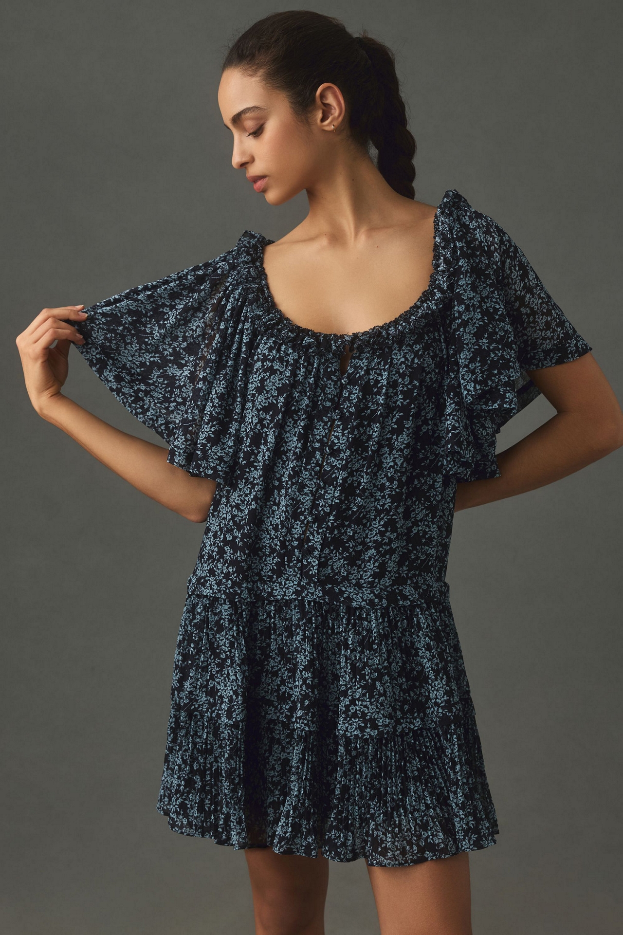 Short-Sleeve Keyhole Swing Tunic Mini Dress