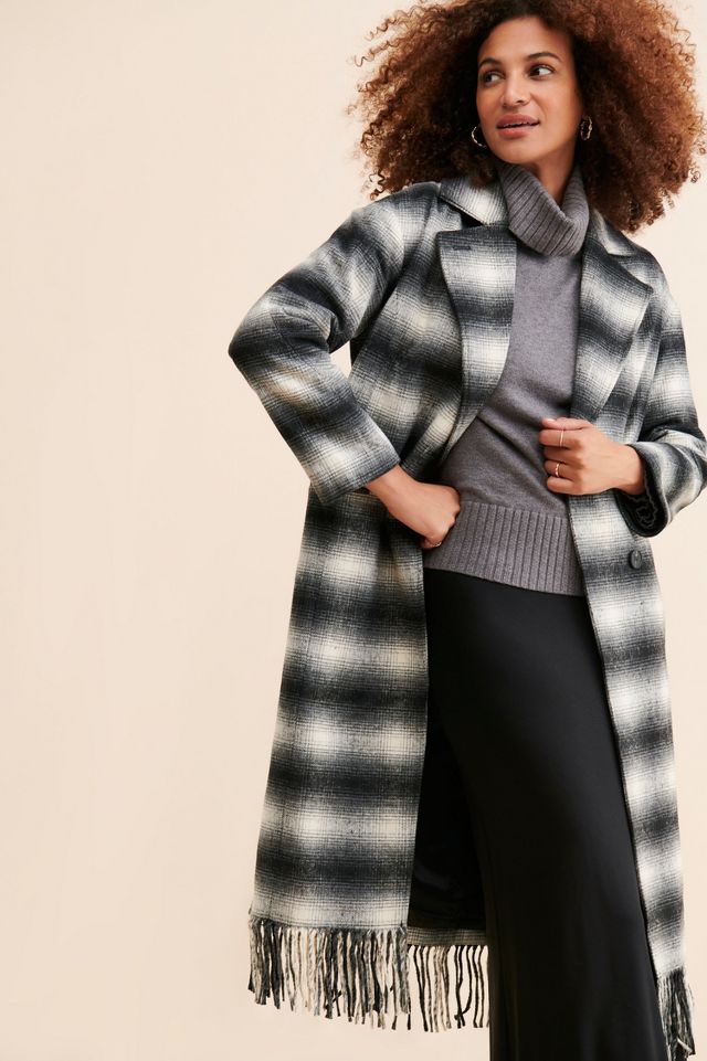 Avec Les Filles Plaid Fringe Hem Coat