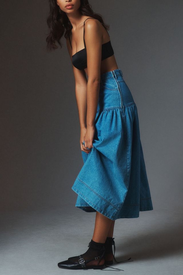 Moon River Basque-Waist Denim Midi Skirt #3
