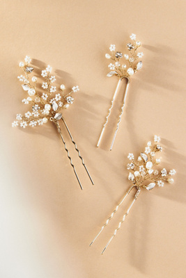 Twigs & Honey Dainty Beaded Fern Leaf Hair Pins, Set Of 3 In Gold