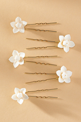 Twigs & Honey Floral Bud Hair Pins, Set Of 5 In White
