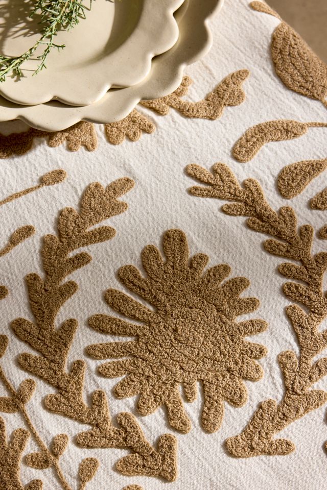 Crewel Stitch Cotton Tablecloth, White #1