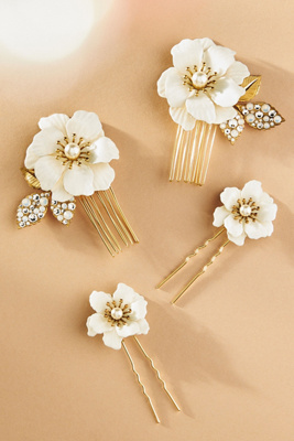 Twigs & Honey Regal Enamel Floral Hair Pins & Combs, Set Of 4 In White