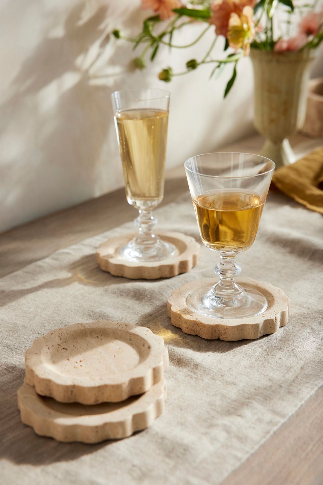 Scalloped Travertine Coasters, Set of 4 - Multi, One Size