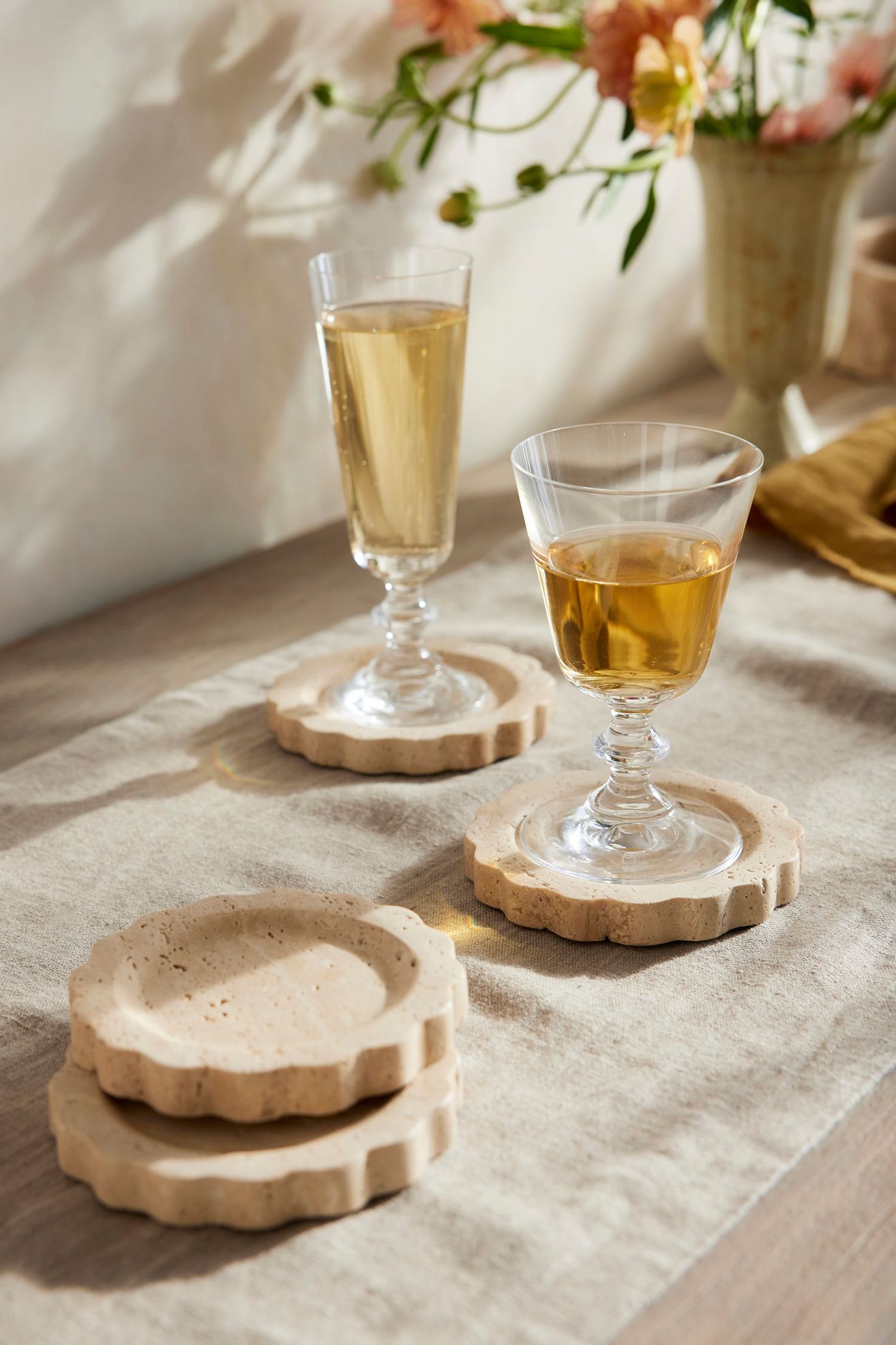 Scalloped Travertine Coasters, Set of 4 - Multi, Standard, One Size