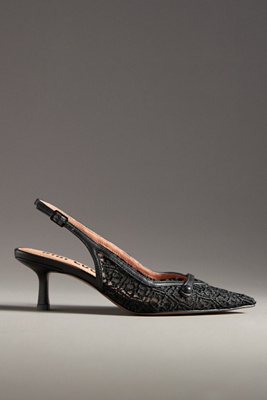 Bibi Lou Embroidered Mesh Slingback Kitten Heels In Black