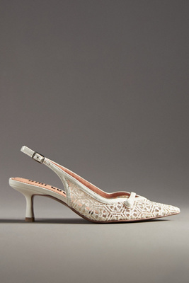 Bibi Lou Embroidered Mesh Slingback Kitten Heels In White