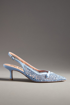 Bibi Lou Embroidered Mesh Slingback Kitten Heels In Blue