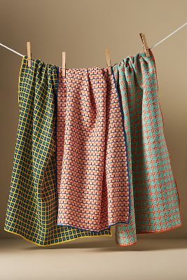 Anthropologie Woven Geo Jacquard Dish Towels, Set Of 3 In Multicolor