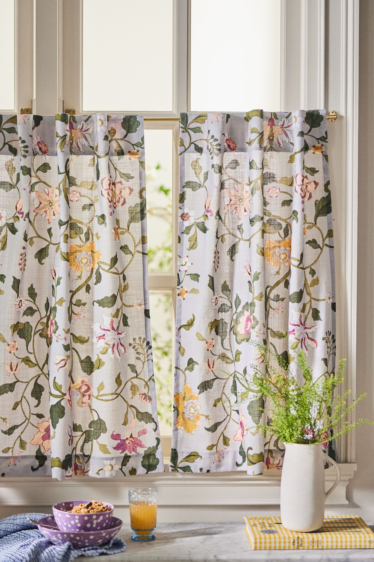 Hattie Organic Cotton Floral Printed Café Curtains, Set of 2 - Hattie - Periwinkle, Standard, 25" x 36"