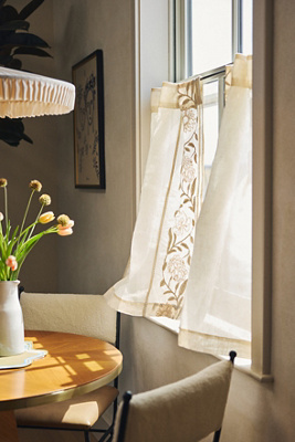 Embroidered Manette Cotton Linen Sheer Café Curtains, Set of 2
