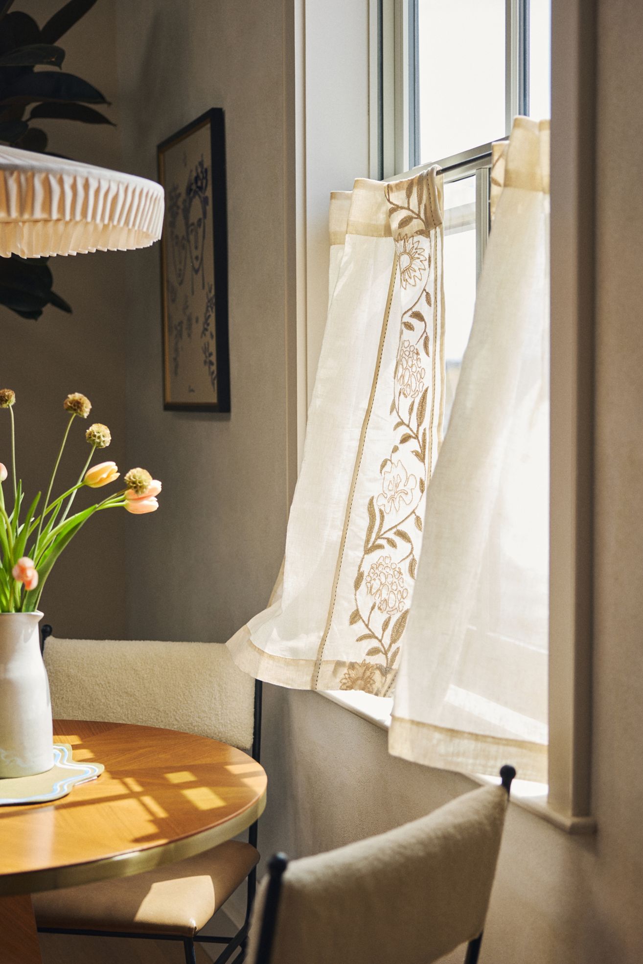 Embroidered Manette Cotton Linen Sheer Café Curtains, Set of 2 - White, Standard, 25" x 36"