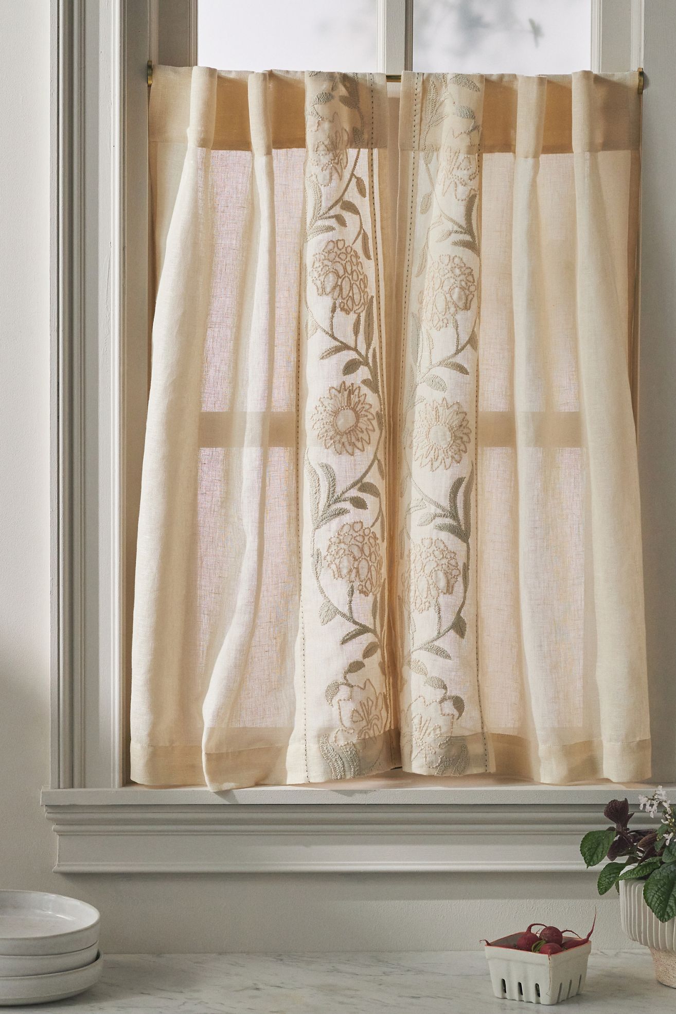 Embroidered Manette Cotton Linen Sheer Café Curtains, Set of 2 - Neutral, Standard, 25" x 36"