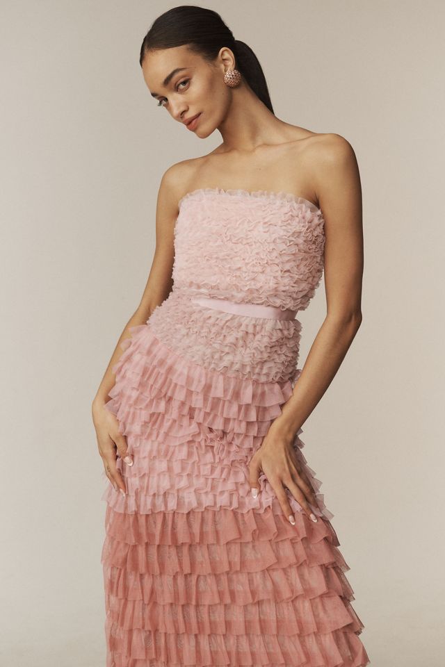 BHLDN Juliet Strapless Tulle Ruffle Midi Dress | Anthropologie