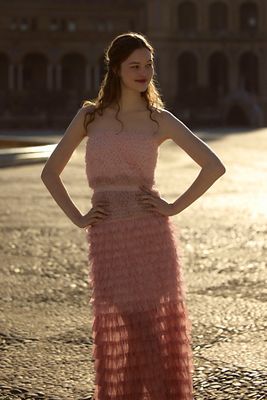 BHLDN JULIET STRAPLESS TULLE RUFFLE MIDI DRESS 