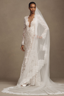 Watters Sienna Lace-Trim Cathedral Veil | Anthropologie