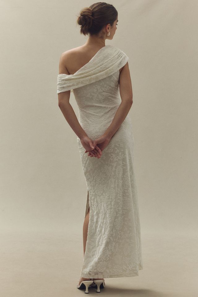 Hutch Asymmetrical Off-The-Shoulder Burnout Velvet Slim Maxi Dress #1