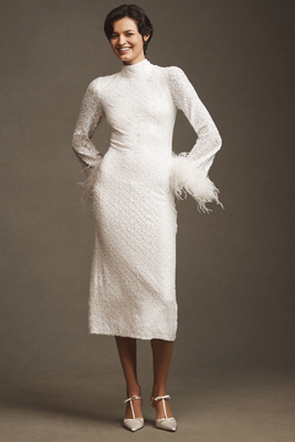 HUTCH LONG-SLEEVE MOCK-NECK FAUX-FEATHER SEQUIN COLUMN MIDI DRESS 