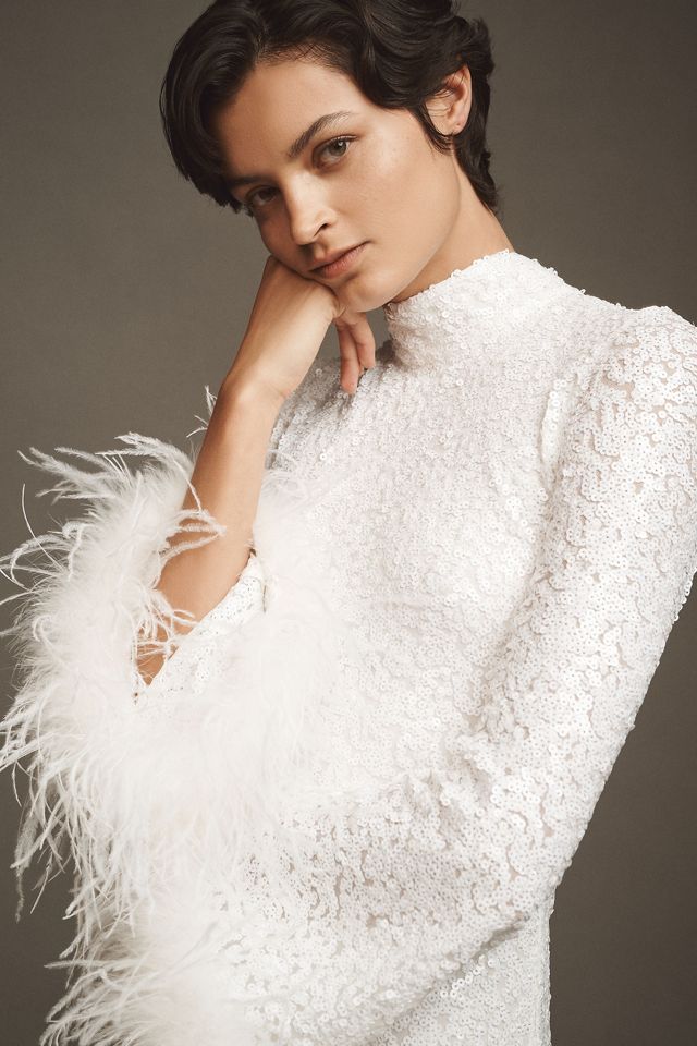 Hutch Long-Sleeve Mock-Neck Faux-Feather Sequin Column Midi Dress #1