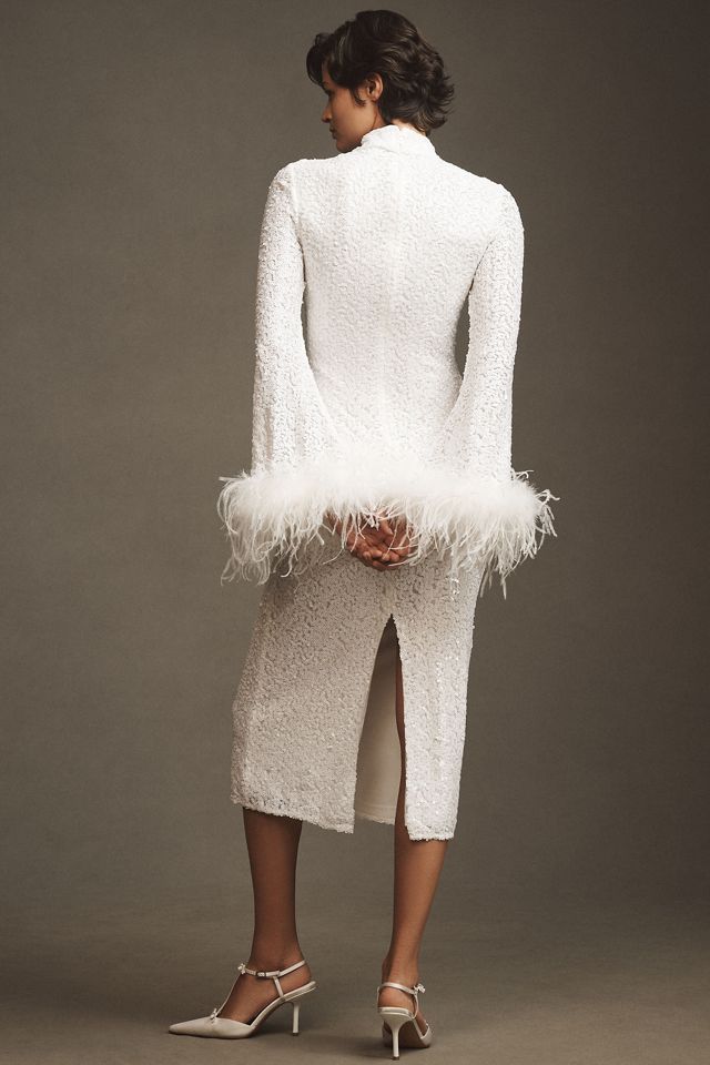 Hutch Long-Sleeve Mock-Neck Faux-Feather Sequin Column Midi Dress #2