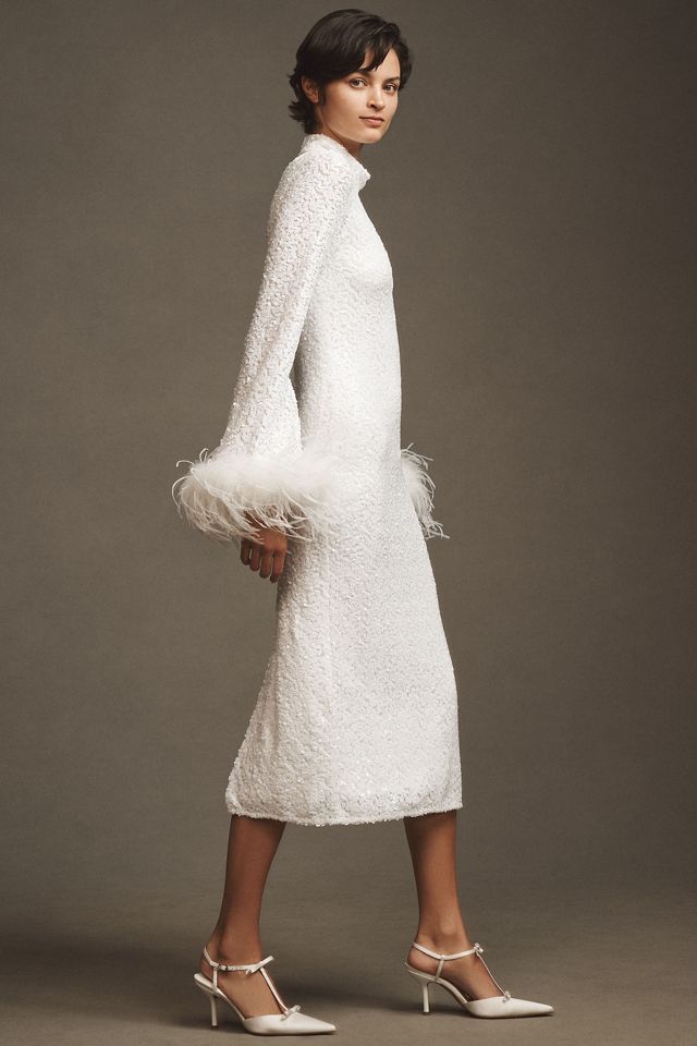 Hutch Long-Sleeve Mock-Neck Faux-Feather Sequin Column Midi Dress #3