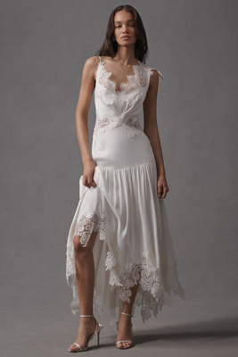 BHLDN MIXED LACE DROP-WAIST MIDI DRESS 