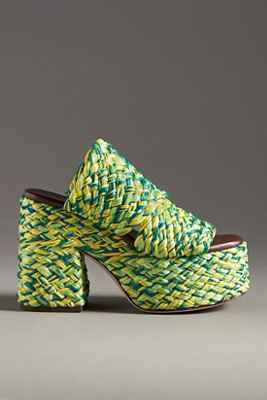 Farm Rio Braided Raffia Platform Slide Sandals In Green