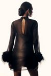 Hutch Long-Sleeve Turtleneck Faux-Feather Trim Sheer Mini Dress