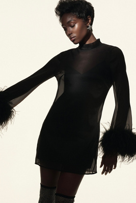 HUTCH LONG-SLEEVE TURTLENECK FAUX-FEATHER TRIM SHEER MINI DRESS 