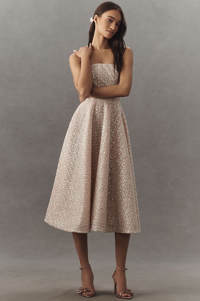 beaded midi dress MissJophiel Straps V Neck Corset Floral Embroidery Green/Champagne / Floor Length / US2 Featuring a straight neckline and adjustable straps Mac Duggal Women's Cap Sleeve