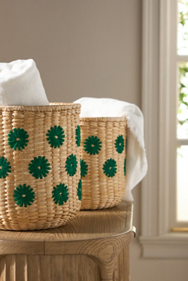Anthropologie Lita Woven Banana Bark Embroidered Floral Baskets, Set Of 2