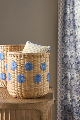 Anthropologie Lita Woven Banana Bark Embroidered Floral Baskets, Set Of 2
